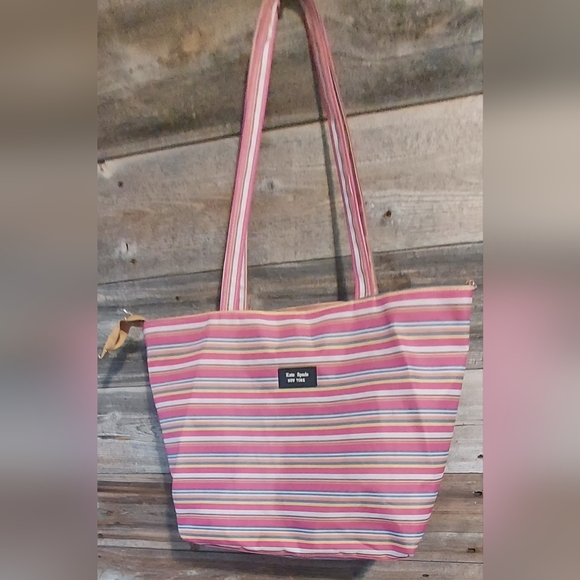 kate spade Handbags - Vintage y2k Kate Spade pink stripped tote long handles